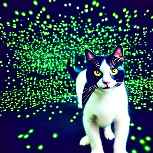 Image similar to A tuxedo housecat with playing with a swarm of glowing nanobots. iphone photograph 35mm. studio lighting. trending on instagram.