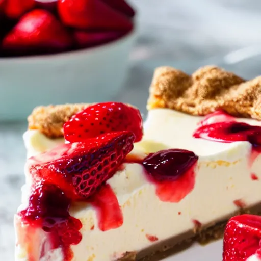 Image similar to close view of a delicious sweet and perfect strawberry cheesecake piece, award winning, 4 k, beautiful