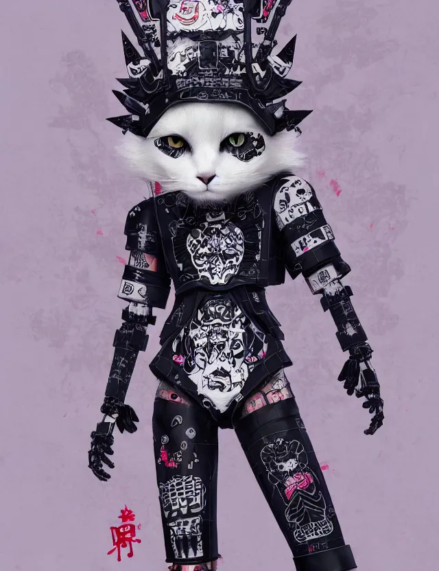 Image similar to full body portrait of a gothic style punk white fluffy cat robot with kanji tattoos and decals wearing a digital pixelated kimono, intricate design, photo - realistic, octane render, dark colour palette, ultra fine detailed, character design, trending on artstation