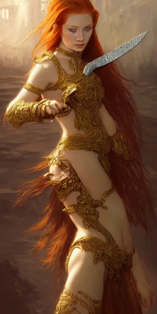 Image similar to ginger girl with problems dringing in an ancien taver and playing with a knife, magic the gathering, ancient, sand, emerald, intricate, highly detailed, digital painting, artstation, concept art, smooth, sharp focus, illustration, Unreal Engine 5, 8K, art by artgerm and greg rutkowski and alphonse mucha