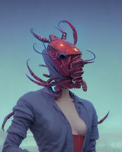 Image similar to highly detailed surreal vfx portrait of a lobsterpunk grim reaper, stephen bliss, unreal engine, greg rutkowski, loish, rhads, beeple, makoto shinkai and lois van baarle, ilya kuvshinov, rossdraws, tom bagshaw, alphonse mucha, global illumination, detailed and intricate environment