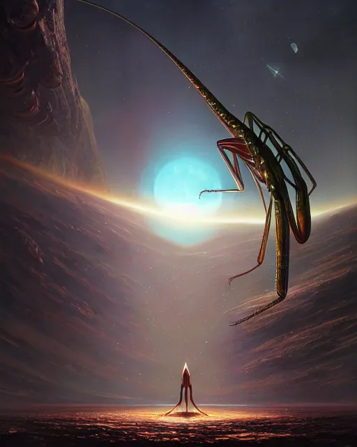 Image similar to a giant space praying mantis eats planet, photo realistic, epic composition, epic light, high details by greg rutkowski and mark marc simonetti