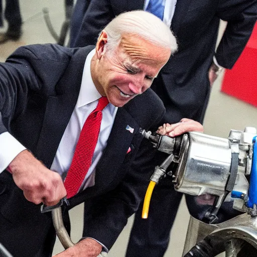 Prompt: gasoline being pumped into joe biden like a robot human car