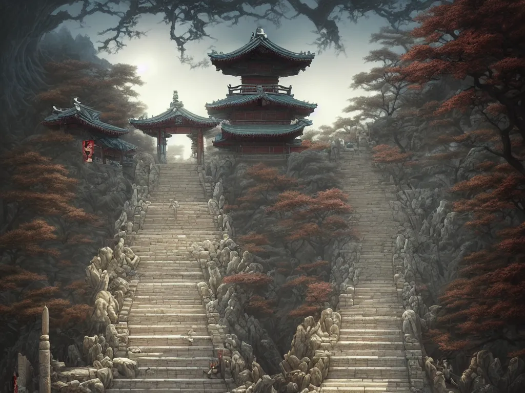 Image similar to tang dynasty shinto gate at the top of many stone steps, by peter mohrbacher and dan mumford and nekro, cgsociety, volumetric light, 3 d render