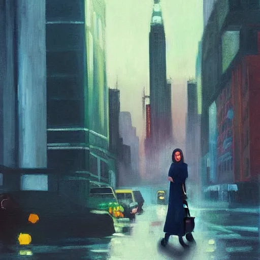 Prompt: “ a girl holding a cat in futuristic new york city, ghostpunk, heavy rain, high detail, oil painting, by edward hopper ”