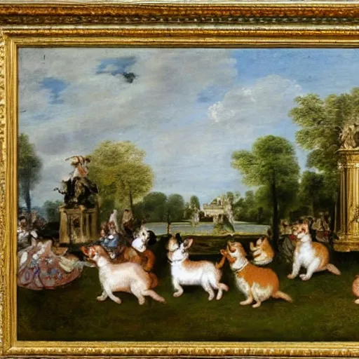Prompt: oil painting by watteau of corgis playing at versailles