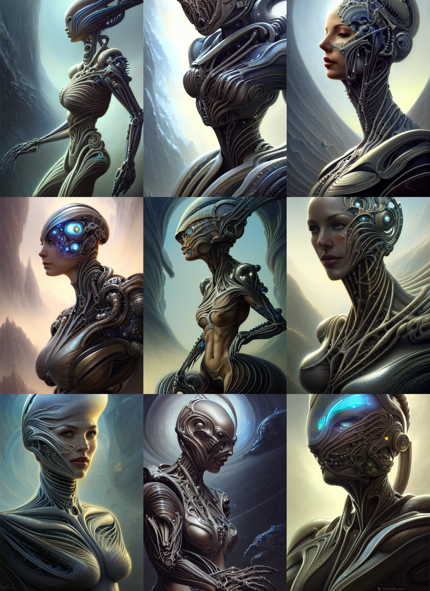 Image similar to closeup portrait shot of a female biomechanic woman in a scenic scifi environment, intricate, elegant, highly detailed, centered, digital painting, artstation, concept art, smooth, sharp focus, warframe, illustration, hr giger, tomasz alen kopera, peter mohrbacher, donato giancola, leyendecker, boris vallejo