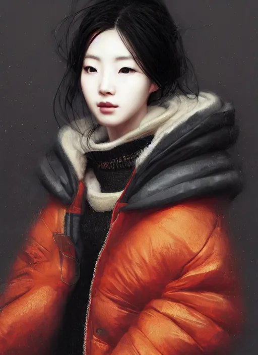 Prompt: portrait of beautiful korean woman wearing massively oversized black down puffer jacket, fashion shoot, digital art by eugene de blaas, ross tran, and nasreddine dinet, vibrant color scheme, intricately detailed, in the style of romanticism, cinematic, artstation, greg rutkowski