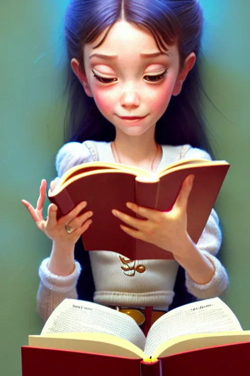 Image similar to highly detailed portrait of beautiful girl reading a book in toy story 3, detailed hands, dynamic pose, stephen bliss, unreal engine, fantasy art by greg rutkowski, loish, rhads, ferdinand knab, makoto shinkai and lois van baarle, ilya kuvshinov, rossdraws, tom bagshaw, global illumination, radiant light, detailed and intricate environment