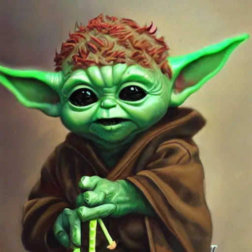 Image similar to (baby yoda grogu) smashing birthday cake into his face, happy birthday, happy birthday candles, mischievous, inquisitive, devious, hilarious, funny, birthday PRESENTS, style of Ralph Horsley, by Ralph Horsley