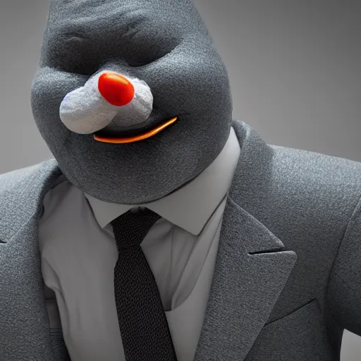 Image similar to a highly detailed humanoid snowman in business suit with black eyes and mouth, no nose, hyperrealism, professional, octane render, digital art