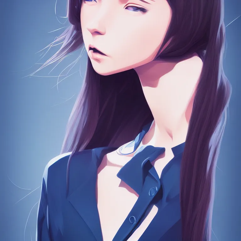 Image similar to urban high school girl in shirt fanart, dark blue long hair, muted colors, matte print, pastel colors, ornate, digital art, digital painting, fan art, elegant, artstation, by Ilya Kuvshinov