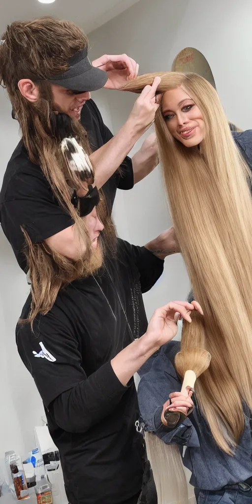 Image similar to pete davidson brushing jessica's long blond hair with a huge hairbrush, comically large hairbrush, ultra - realistic photograph