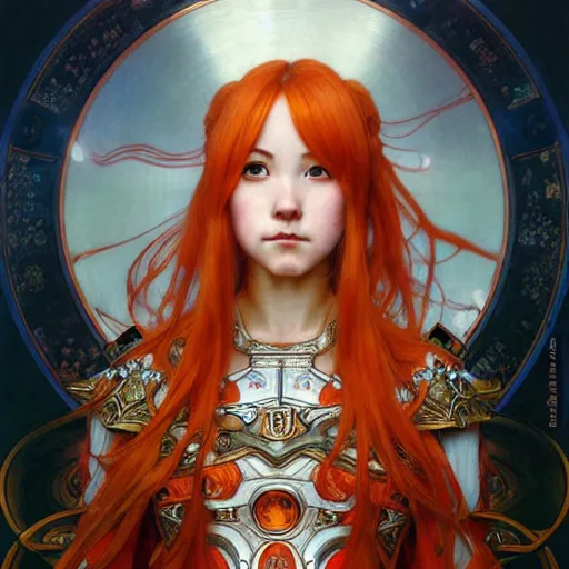 Image similar to Masterpiece head and shoulders portrait of Asuna Yuuki, young woman with orange hair wearing a partial paladin armor with a red skirt and white top, face, fantasy, intricate, elegant, highly detailed drawn by Donato Giancola and Tom Bagshaw, face by Artgerm and Edmund Leighton, Alphonse Mucha, background by James Jean and Gustav Klimt, 4k, porcelain skin, komorebi, french nouveau, trending on pixiv, octane render, hyperrealistic