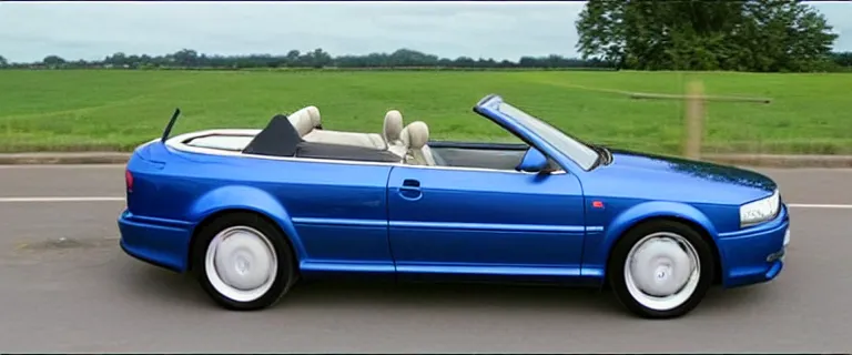 Image similar to Denim Blue Audi A4 B6 Avant Convertible (2002), soft top roof raised, red interior, created by Barclay Shaw