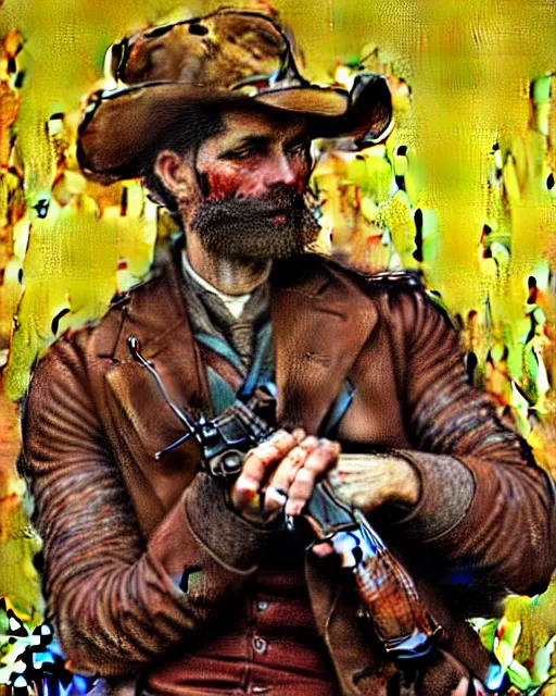 Image similar to an extremely detailed masterpiece color portrait of a 1 8 9 0's gunslinger while drawing his gun, in the style of frank auerbach, digital art