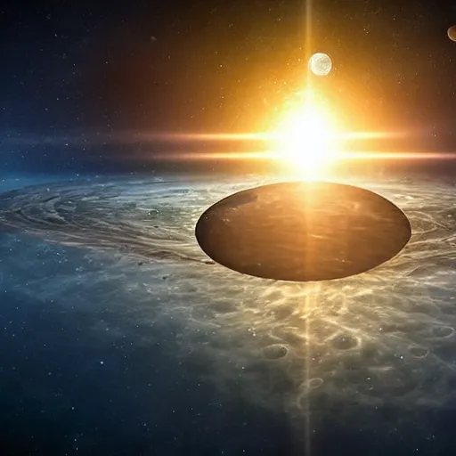 Image similar to hexagon sun shields floating in space, earth in foreground, unreal engine, digital art, solar eclipse, seen from earth