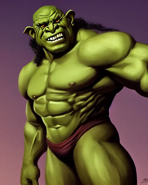 Image similar to « a portrait of a muscular green orc, a character portrait by paul kelpe, reddit contest winner, sots art, ilya kuvshinov, 2 d game art, parallax »