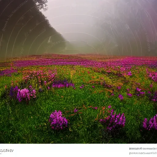 Prompt: a symmetrical a photo of the valley of the moon, bio illuminance flowers, fog rolling in, symmetrical