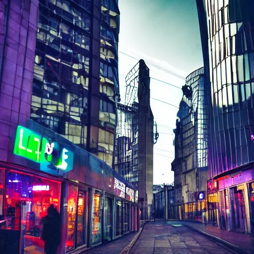 Prompt: cyberpunk photo of leeds city centre