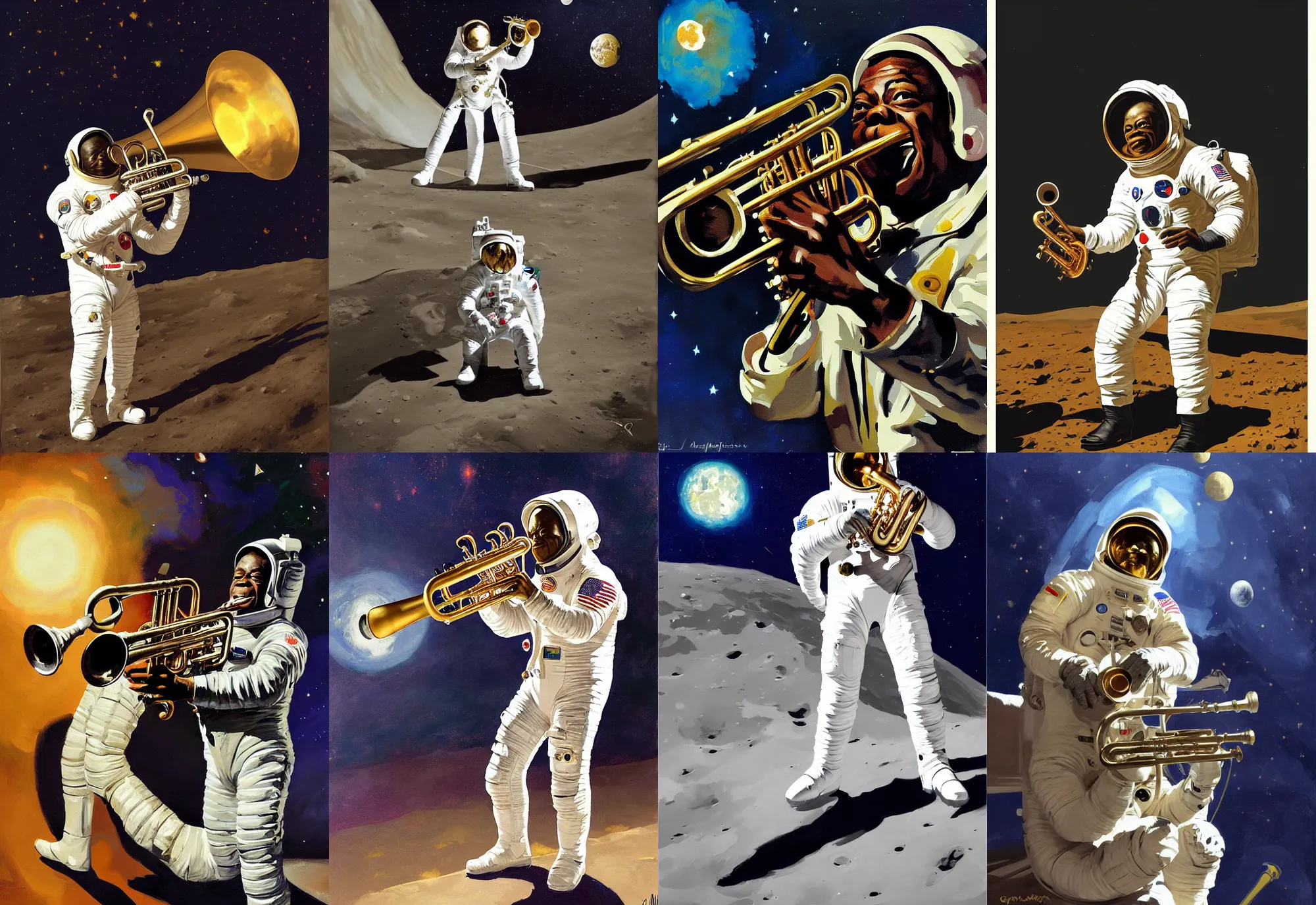 Prompt: a portrait of louis armstrong wearing a space suit on the moon, trumpet lying on the ground, by greg manchess and john singer sargent and jonathan yeo, dramatic lighting, highly detailed digital painting