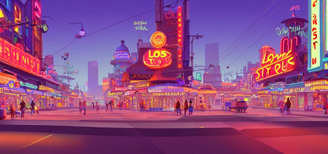 Image similar to futuristic main street los angeles cityscape with markets and shops and neon signs and terraces, visual development by lou romano, daylight, pixar, dynamic lighting, octane