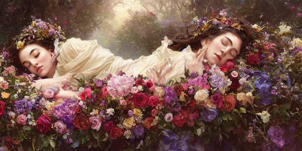 Image similar to mysterious sleeping beauty holding a large bouquet of flowing flowers, sleeping in an elaborate coffin, fantasy, regal, intricate, by stanley artgerm lau, greg rutkowski, thomas kindkade, alphonse mucha, loish, norman rockwell