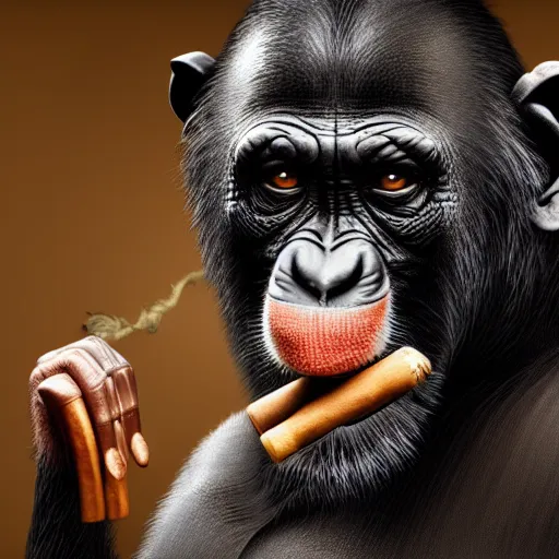 Image similar to a high detail shot of a chimp wearing a suit, smoking a cigar, render, cgsociety, photorealism