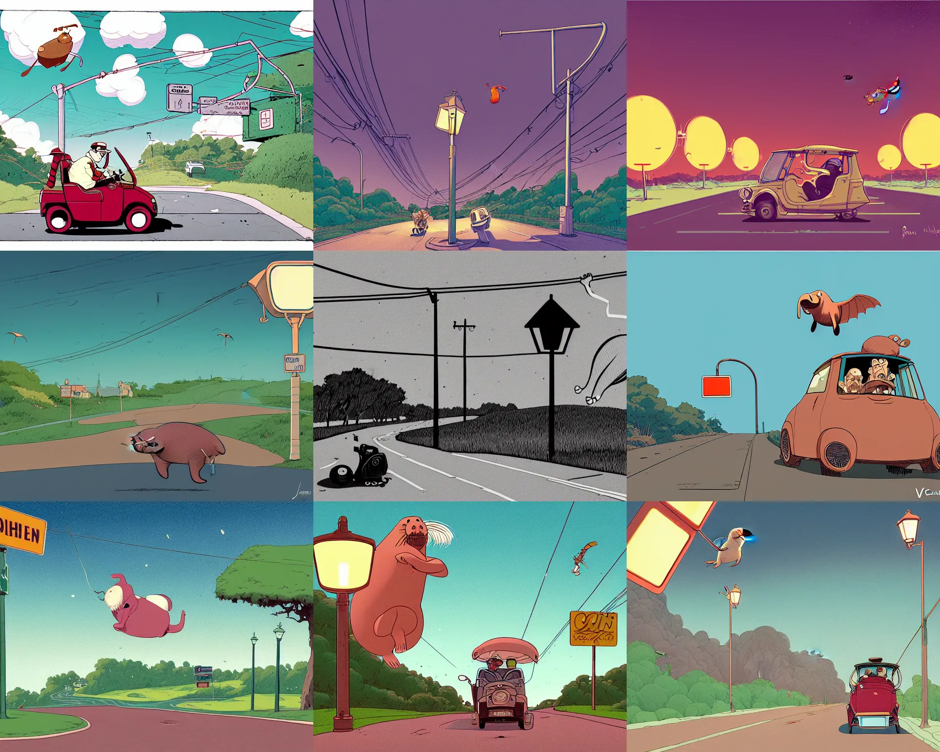 Prompt: a study of cell shaded cartoon of a golfen flying walrus on a country road, street lamps, road, illustration, wide shot, subtle colors, post grunge, concept art by josan gonzales and wlop, by james jean, Victo ngai, David Rubín, Mike Mignola, Laurie Greasley, highly detailed, sharp focus, alien, Trending on Artstation, HQ, deviantart, art by artgem