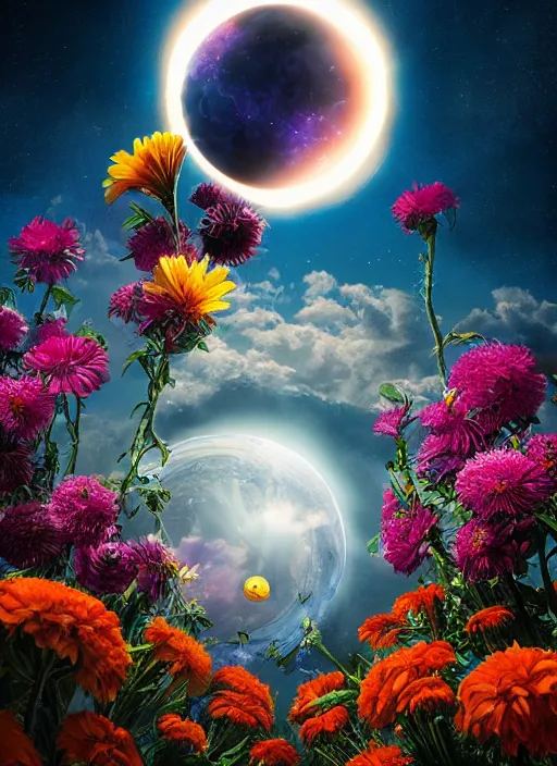 Image similar to An epic fantastic realism comic book style painting of the most beautiful flowers launched into space, bouquets, solar eclipse, fisheye, unreal 5, DAZ, hyperrealistic, octane render, dynamic lighting