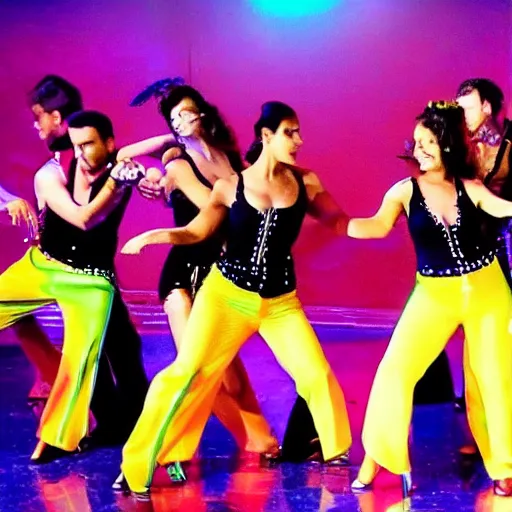 Image similar to latin dance band in the style of natalia agatte. lively. colorful. hd.