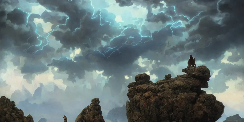 Image similar to photorealistic epic landscape with magically floating rocks, with ominous storm clouds by alphonse mucha. strange levitating stones, stones falling from the sky, swirls of mist. occult photorealism, uhd, amazing depth, glowing, volumetric lighting, cinematic lighting, by artgerm and greg rutkowski