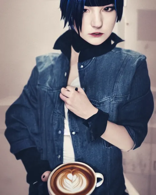 Prompt: touka kirishima from tokyo ghoul as a barista, in a coffee shop, dark blue hair, modern fashion, half body shot, photo by greg rutkowski, female beauty, f / 2 0, symmetrical face, warm colors, natural indoor lighting, depth of field