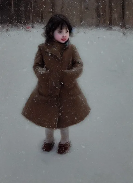 Prompt: a cute little girl with short brown curly hair standing in the snow. beautiful ethereal painting by ruan jia