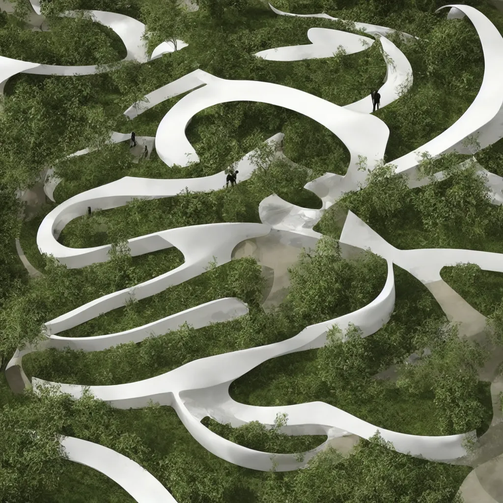 Image similar to “ an incredibly smooth curvilinear architectural sculpture, unfolding continuous golden surfaces enclose a visually interesting garden designed by zaha hadid, architecture render ”