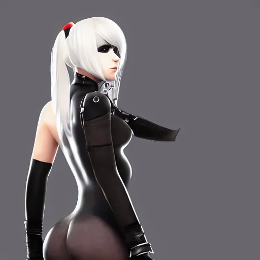 Image similar to portrait of 2B nier automata as harley quinn wearing skintight clothes from behind, trending on artstation, artstationHD, artstationHQ