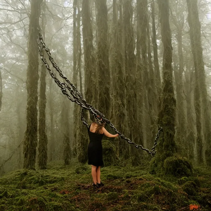 Image similar to a woman wrapped in chains, dragging a pile of chains, in a foggy mossy forest, by Omar Z. Robles, CANON Eos C300, ƒ1.8, 35mm, 8K, medium-format print
