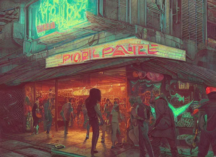 Image similar to reptile people exterior parking lot, cyberpunk neon, in the style of jeremy enecio, intricate, miles johnston, monet, cynical realism, john william godward, painterly, yoshitaka amano, miles johnston, louise zhang, pekka halonen, finnish naturalism, realism