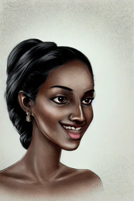 Image similar to A bust of a beautiful black skinned Sri Lankan girl with smiling lips and smooth eyebrows and straight hair, HD, illustration, epic, fantasy, intricate, elegant, amazing detail, digital painting, artstation, concept art, smooth, sharp focus, illustration, art by Turine Tran