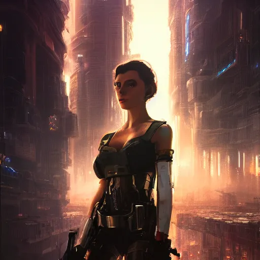 Image similar to closeup portrait of a young vivian leigh as cyberpunk mercenary, city background, megacity, high fantasy, dramatic light, gorgeous view, depth, high detail, digital art, painted by greg rutkowski, trending on artstation