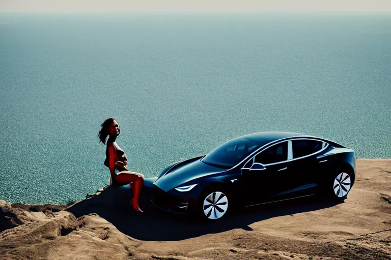Prompt: photo of a gorgeous black model sitting on a Tesla on a cliff on the ocean By Emmanuel Lubezki