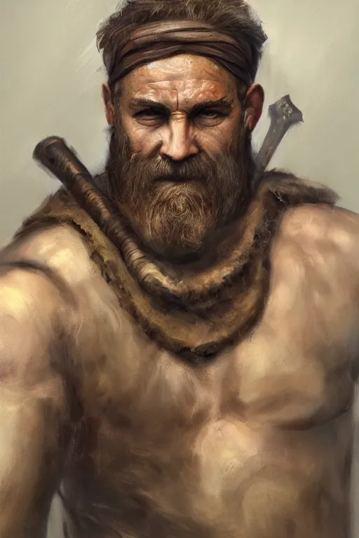 Image similar to a full body fantasy portrait oil painting illustration of a single rugged stoic barbarian man by Justin Sweet with face and body clearly visible, d&d, rpg, forgotten realms, artstation trending, high quality, sombre mood, artstation trending, muted colours, no crop, entire character,