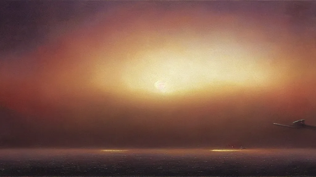 Prompt: spaceships landing, mystical sunset, by john harris, painting, space ship enterprise in the fog