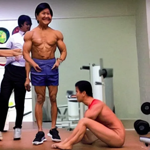 Image similar to bongbong marcos as gigachad flexing at the gym, muscular, on steroids,