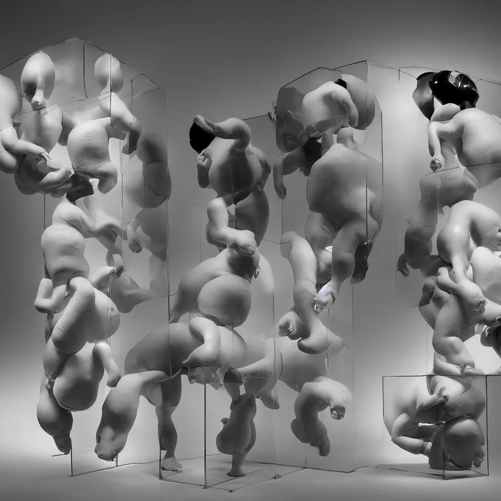 Image similar to conjoined triplets inflated to the size of cows. they are compressed into a perspex cube. they are being observed by a man. a man who has the torso of a horse inside his skull. this is the future. the year is 3 9 0 0. 3 5 mm film, art gallery with beautiful lighting. photographic masterpiece.