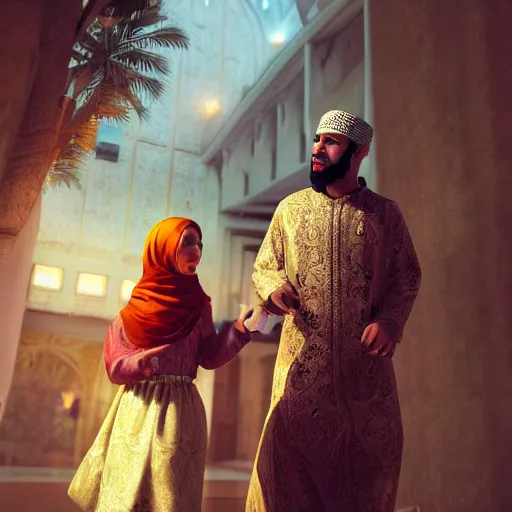 Prompt: prophet muhammed on date with 9 year old aisha, trending on artstation, photorealistic, high resolution, 8 k, octane, hyper detailed, trending on deviantart insane details, intricate, elite, ornate, elegant trend, highly detailed and intricate, sharp focus, photography, unreal engine