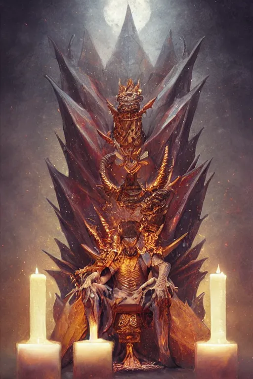 Image similar to a humanoid dragon king sits on a throne by greg rutkowski, magic realism, hyper realistic, 2 0 0 mm lens, candlelight