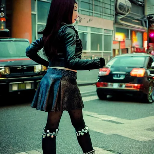 Image similar to a dynamic, epic cinematic 8K HD movie shot of a japanese beautiful cute young J-Pop idol actress yakuza rock star girl wearing leather jacket, miniskirt, nylon tights, high heels boots, gloves and jewelry. Motion, VFX, Inspirational arthouse, at Behance, with Instagram filters