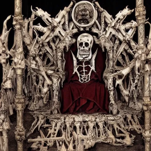 Image similar to A lich sitting on the throne made of bones, magical glow, intricate, sharp details