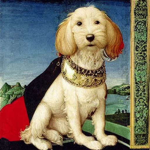 Image similar to portrait of a white labrododdle dog as an italian queen, painting by botticelli, 1 4 8 0 s